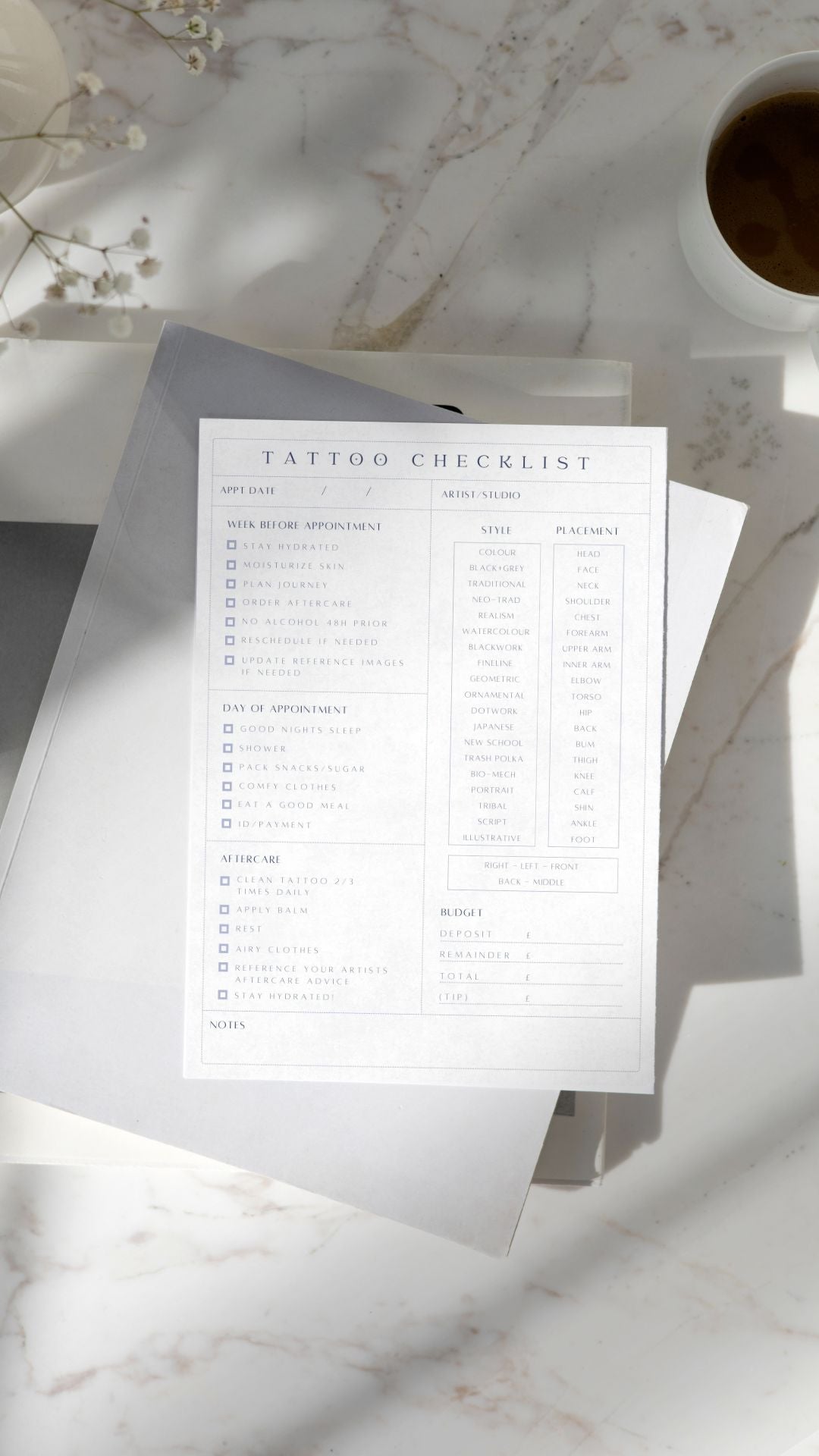FREE Tattoo Checklist For Clients, Digital PDF Download