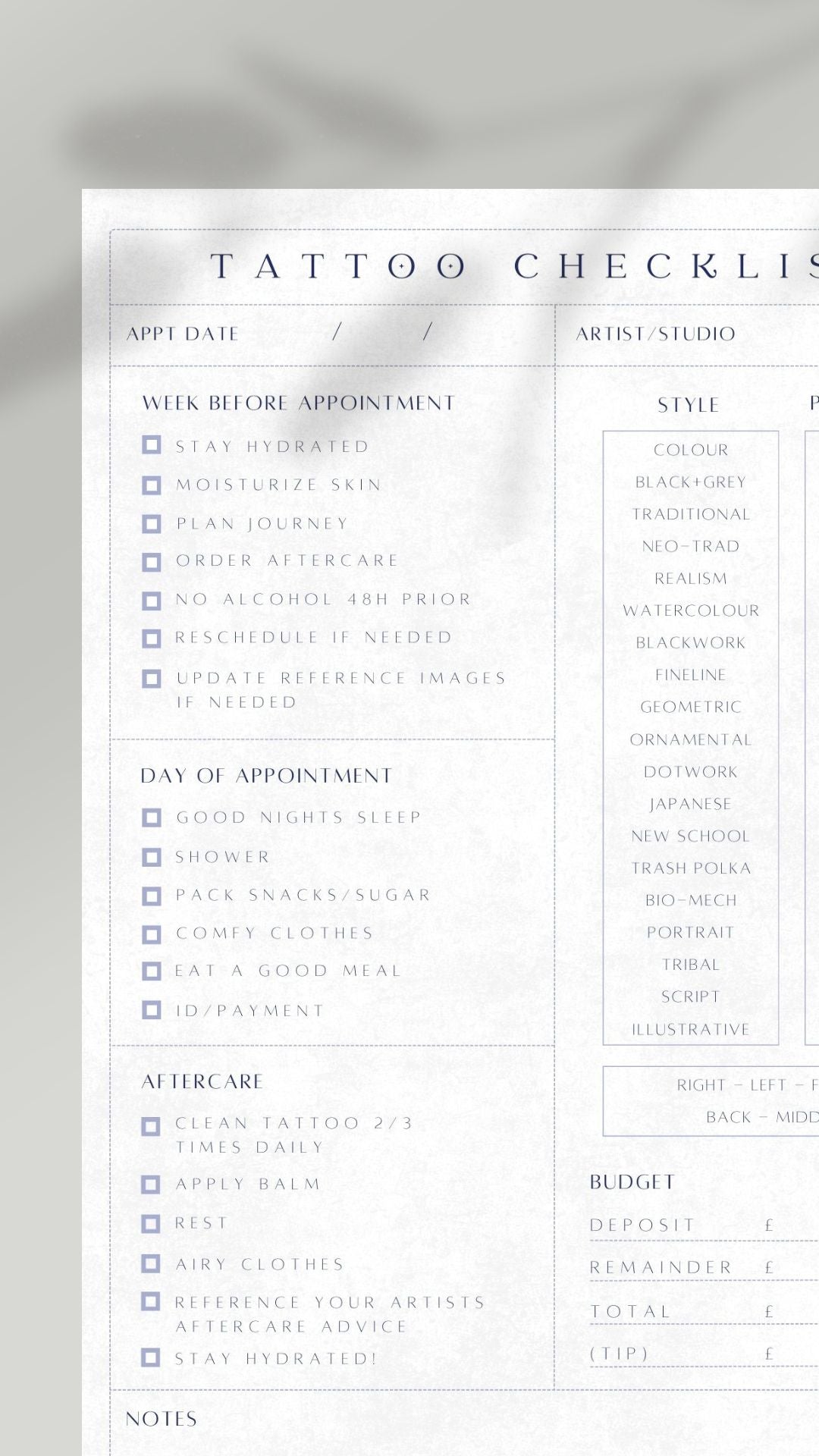 FREE Tattoo Checklist For Clients, Digital PDF Download