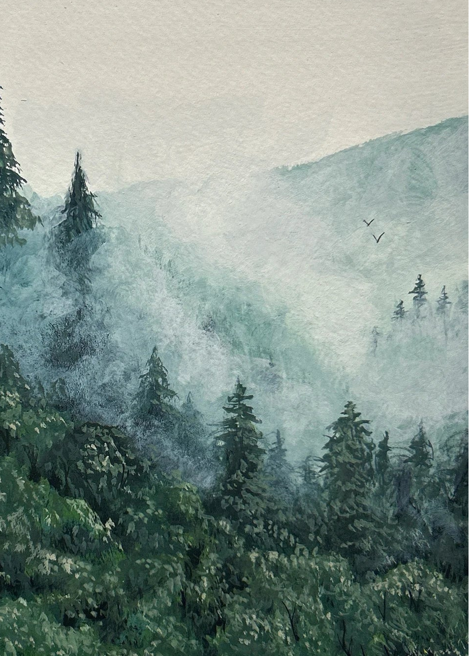 Forest scene with misty mountains and trees